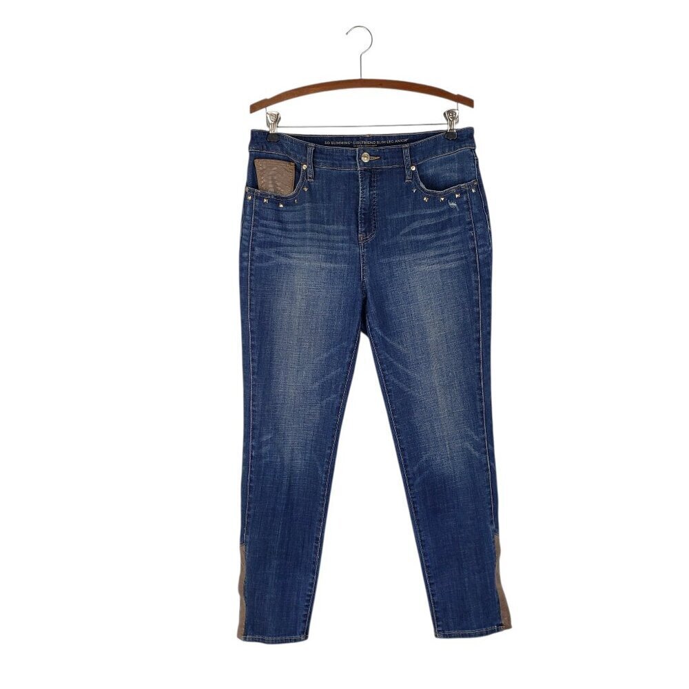 Chicos So Slimming Girlfriend Slim Leg Ankle Jeans Faux Leather Studs Women 1R/8